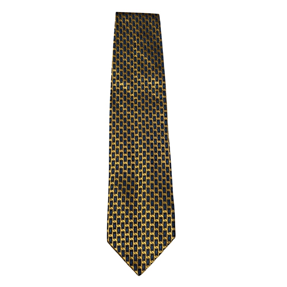 Ermenegildo Zegna Mens Silk Tie Gold Navy Blue Geometric Pattern Made in Italy